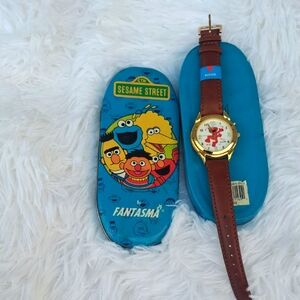 Vintage Sesame Street Fantasma Blue Watch In Tin Brown Leather Strap New
